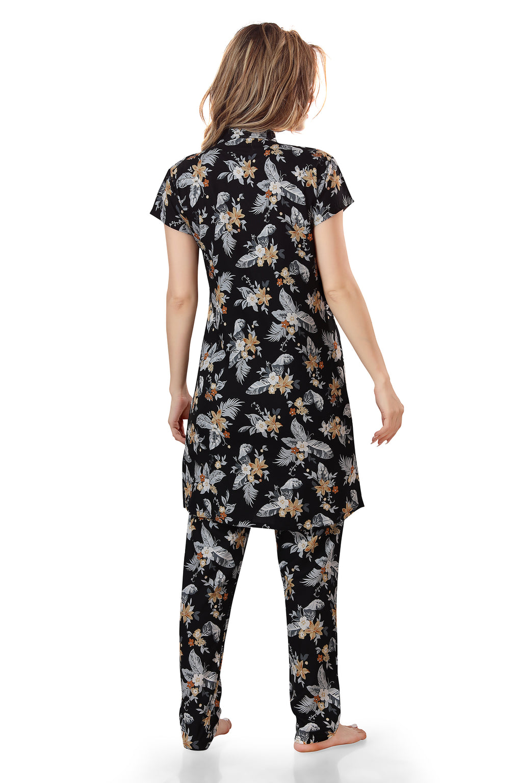 Black Floral Print Rayon Kurta & Pyjama Co-ord Set for Women