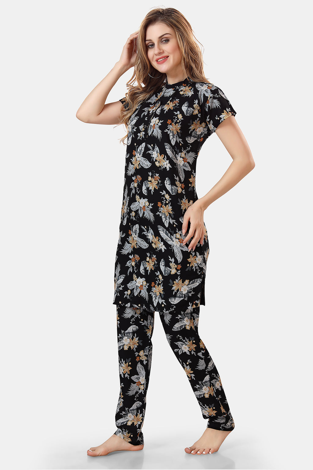 Black Floral Print Rayon Kurta & Pyjama Co-ord Set for Women