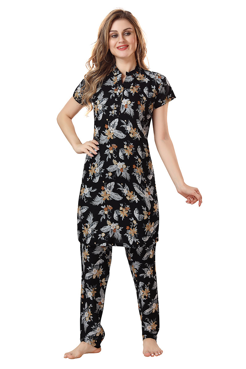 Black Floral Print Rayon Kurta & Pyjama Co-ord Set for Women