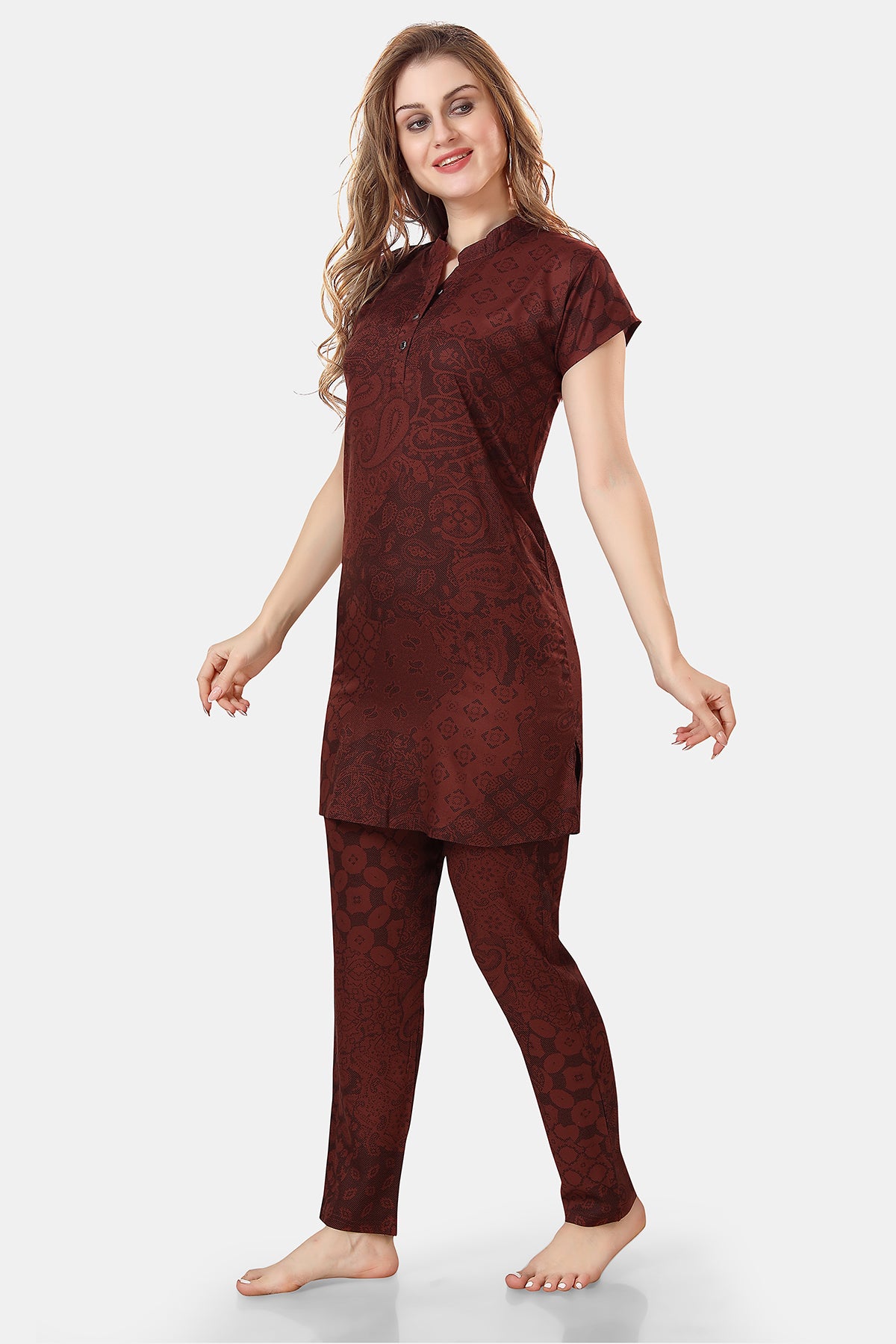 Wine Geometric Print Rayon Kurta & Pyjama Co-ord Set