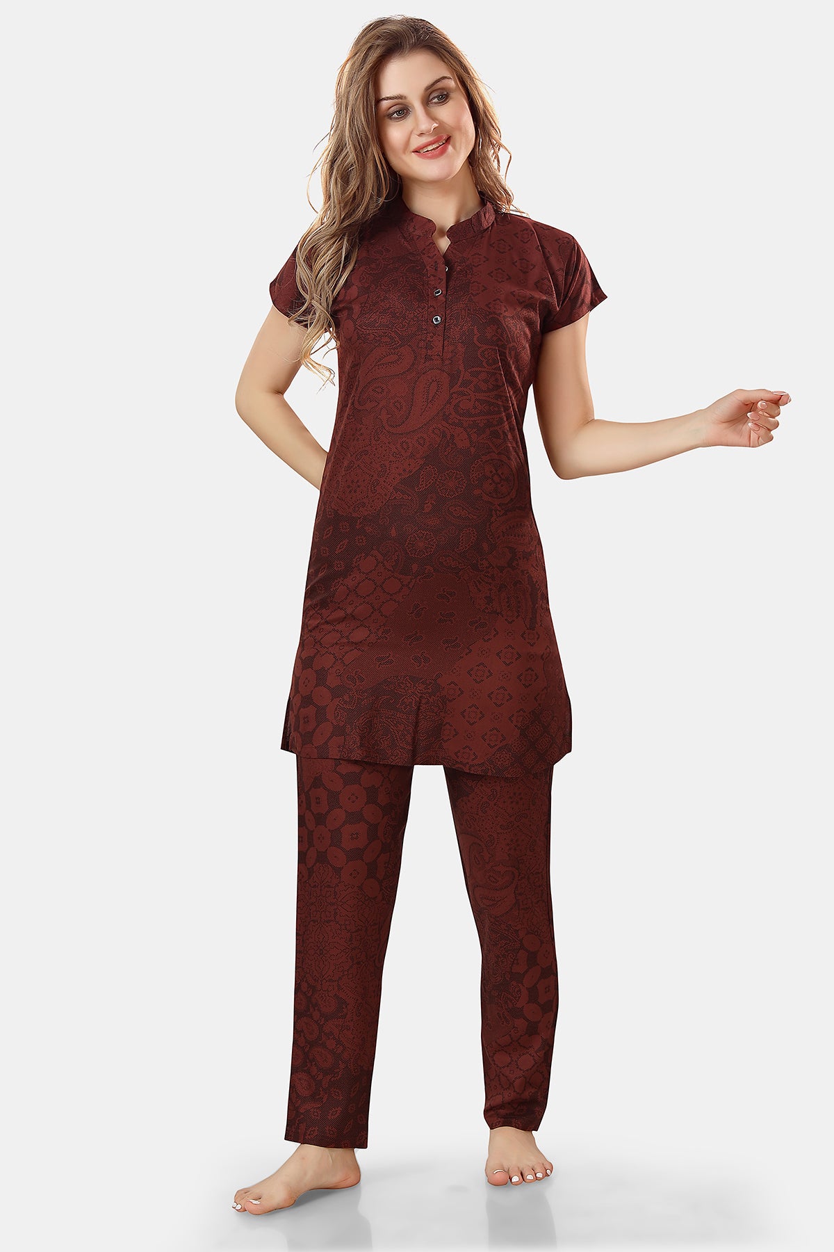 Wine Geometric Print Rayon Kurta & Pyjama Co-ord Set