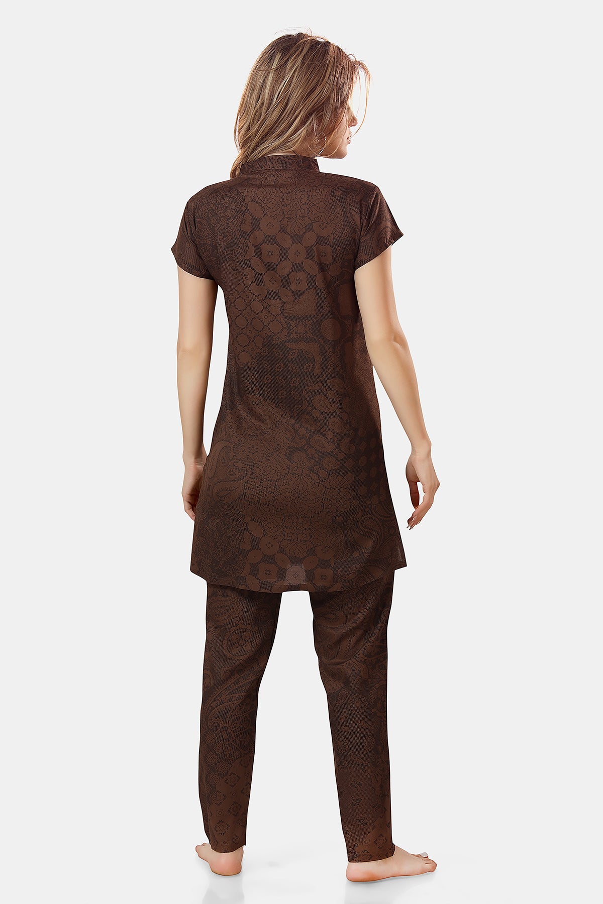 Brown Geometric Print Rayon Kurta & Pyjama Co-ord Set for Women