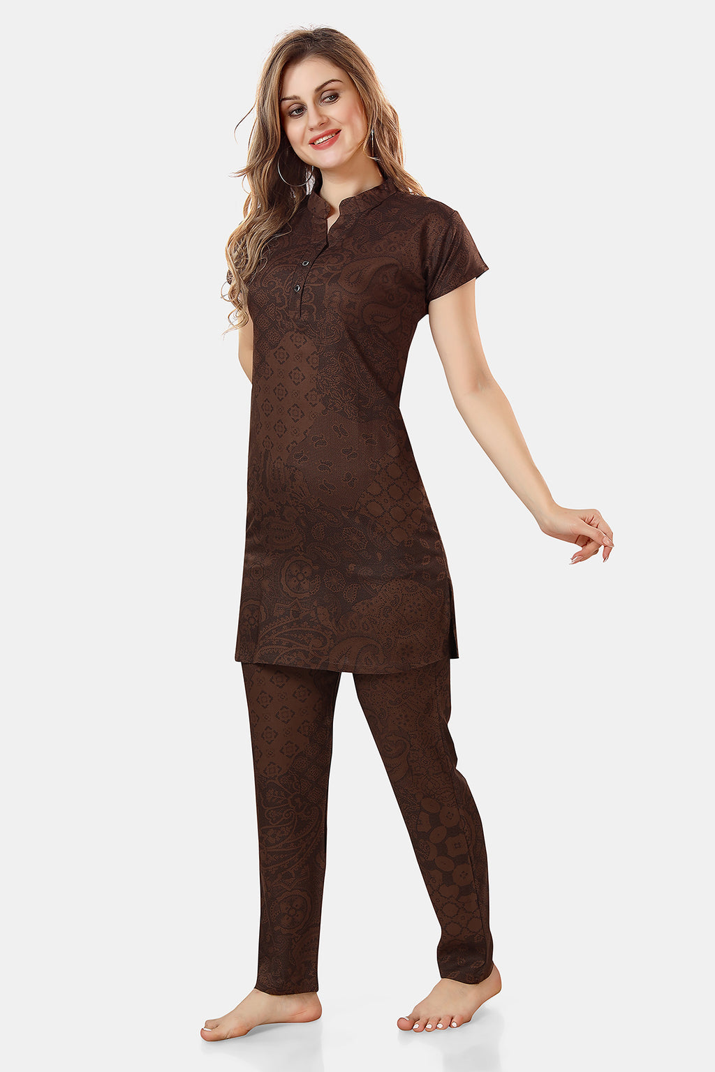 Brown Geometric Print Rayon Kurta & Pyjama Co-ord Set for Women