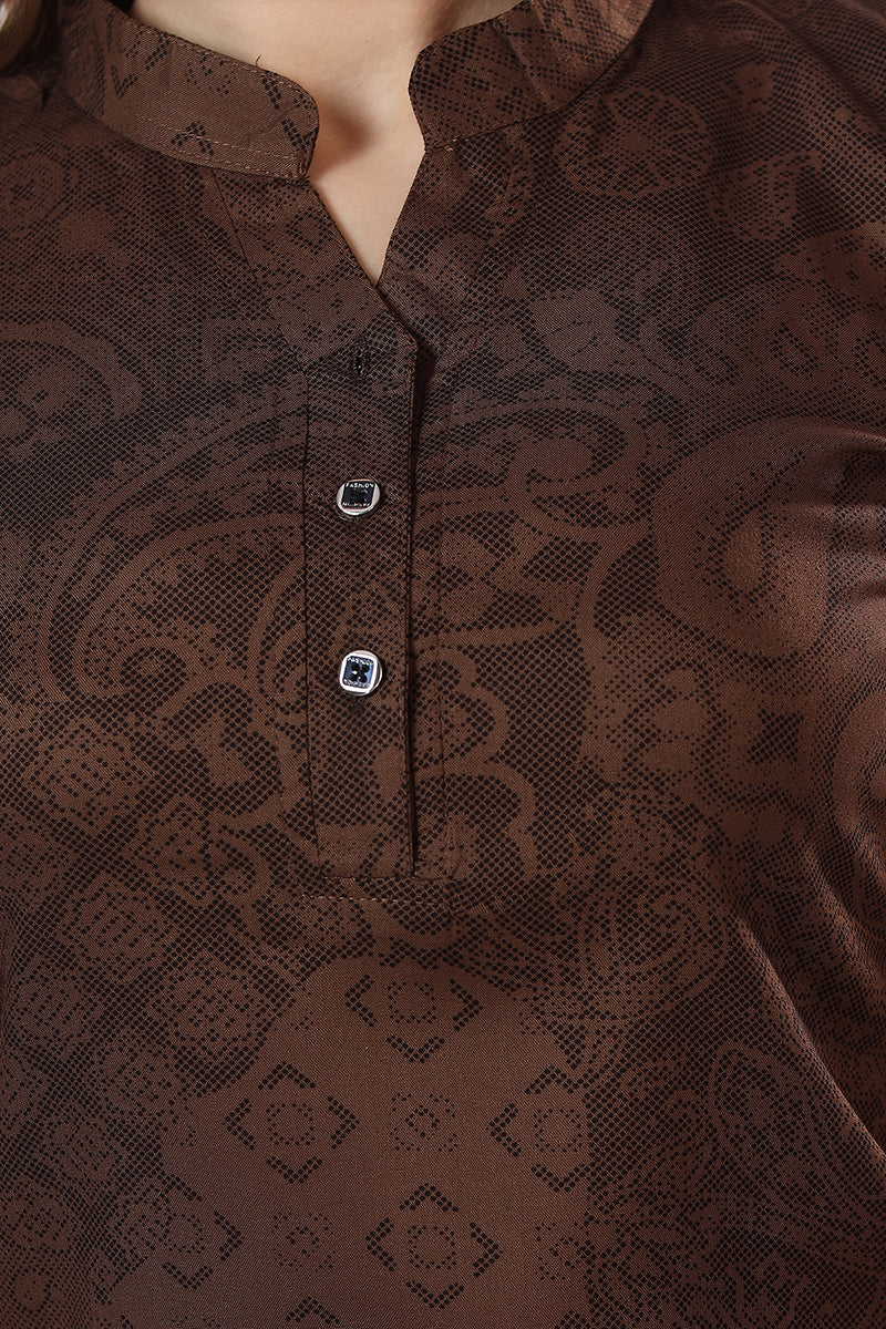 Brown Geometric Print Rayon Kurta & Pyjama Co-ord Set for Women