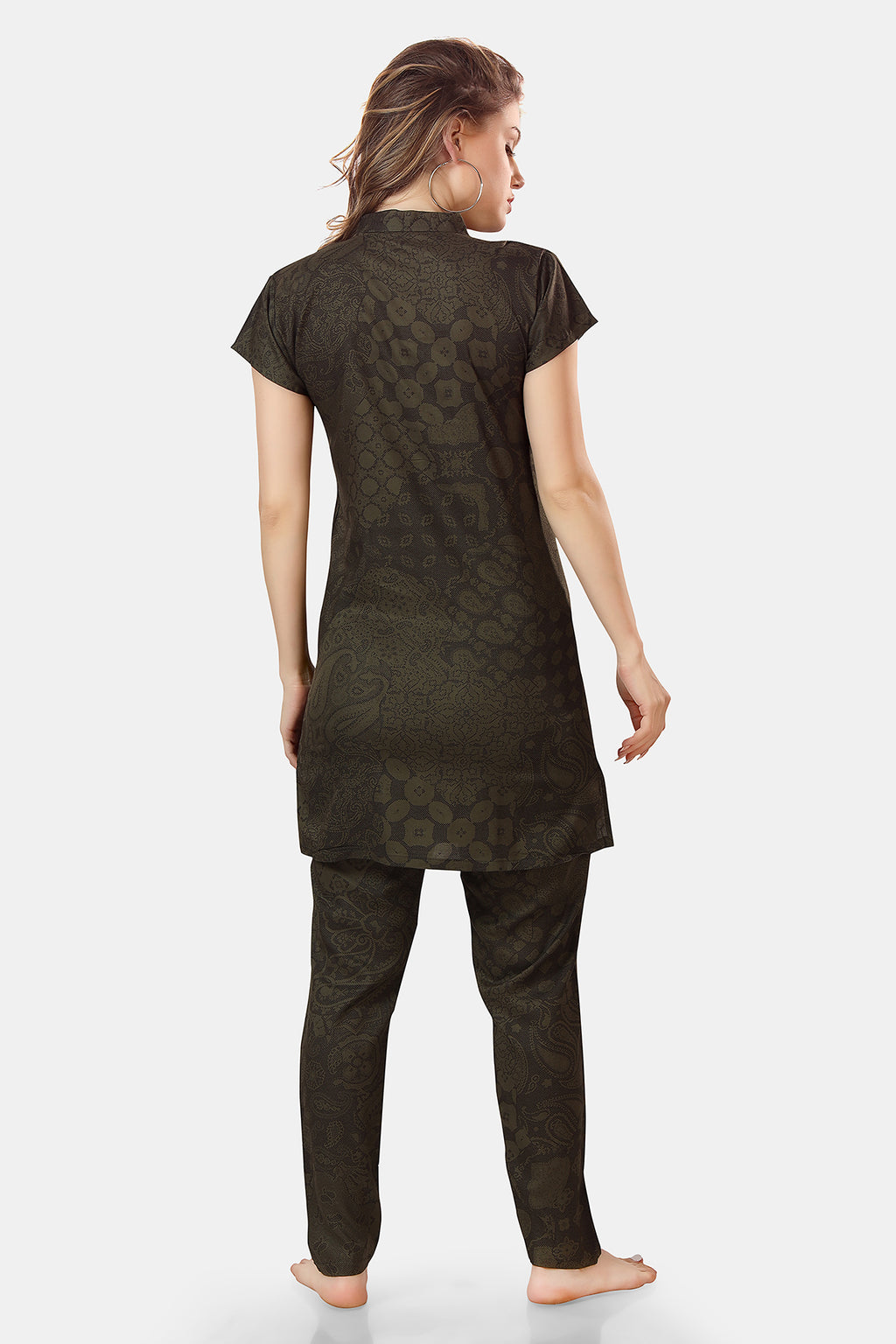 Olive Green Geometric Print Rayon Kurta & Pyjama Co-ord Set for Women