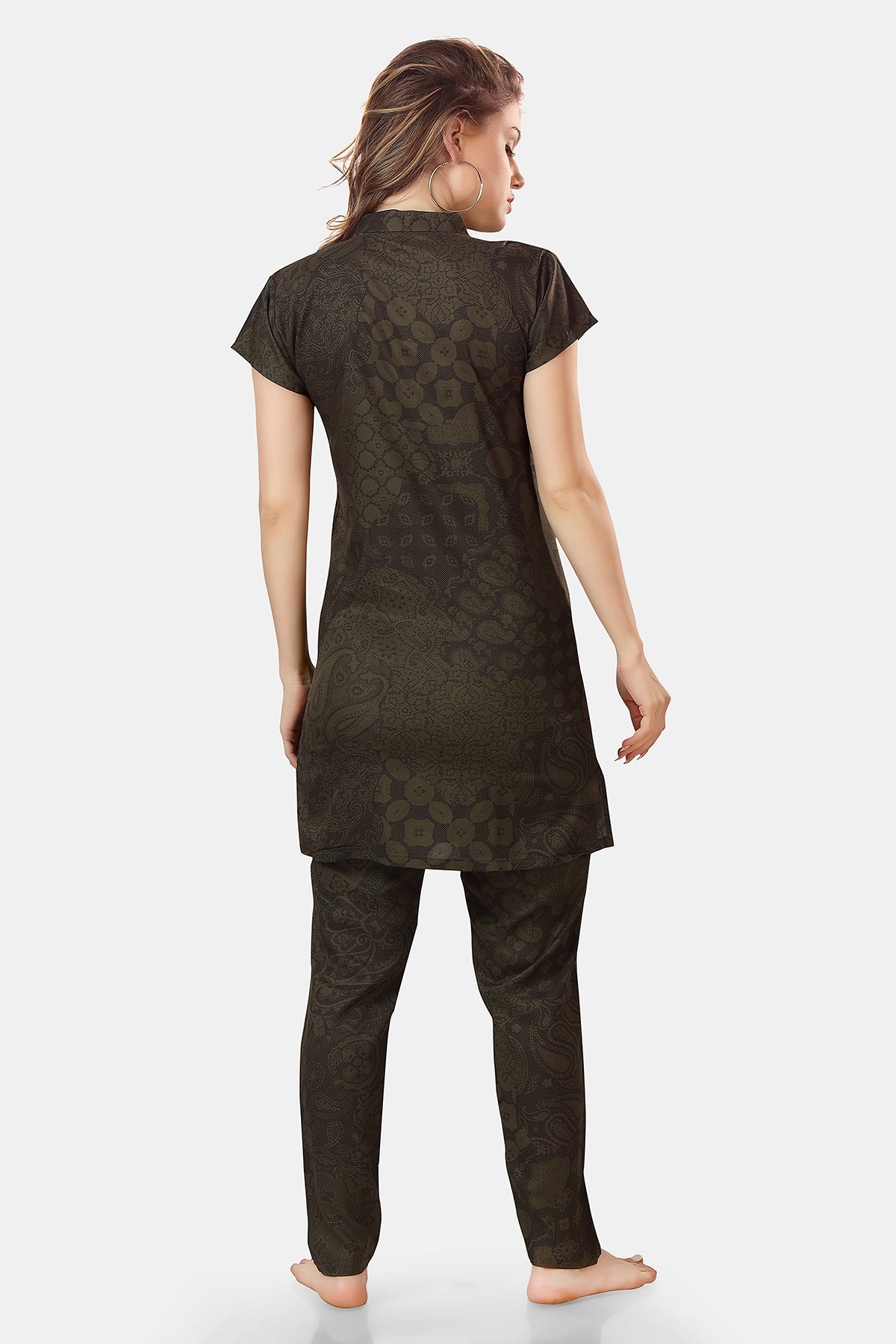 Olive Green Geometric Print Rayon Kurta & Pyjama Co-ord Set for Women