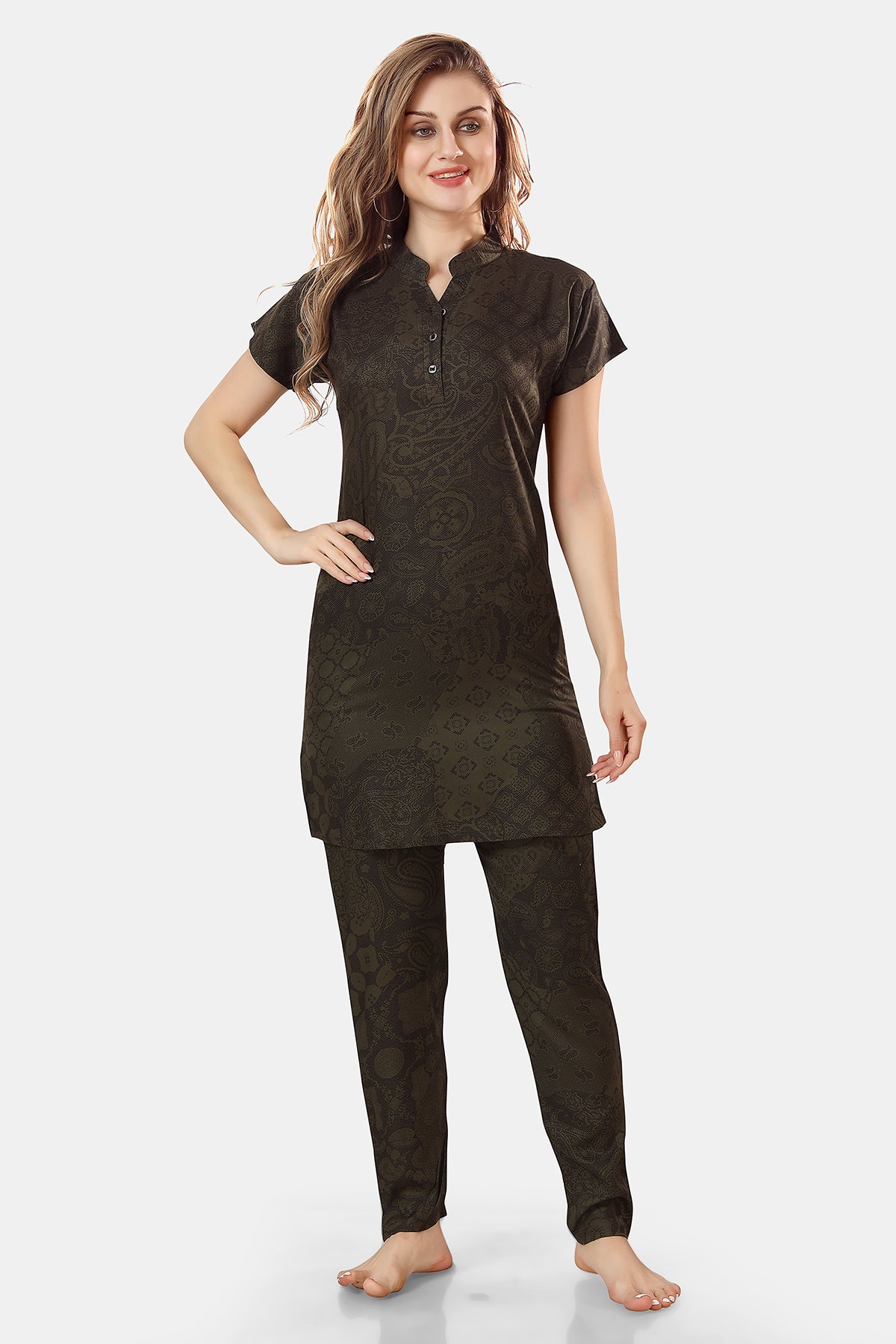 Olive Green Geometric Print Rayon Kurta & Pyjama Co-ord Set for Women