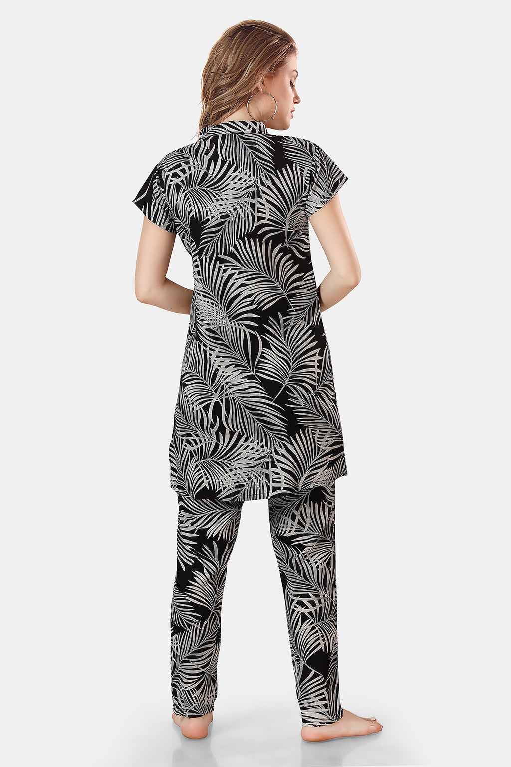 Leaf Print Rayon Kurta with Pyjama Co-ord Night Suit for Women