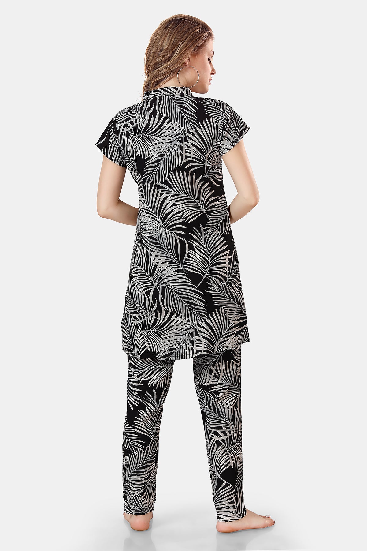 Leaf Print Rayon Kurta with Pyjama Co-ord Night Suit for Women