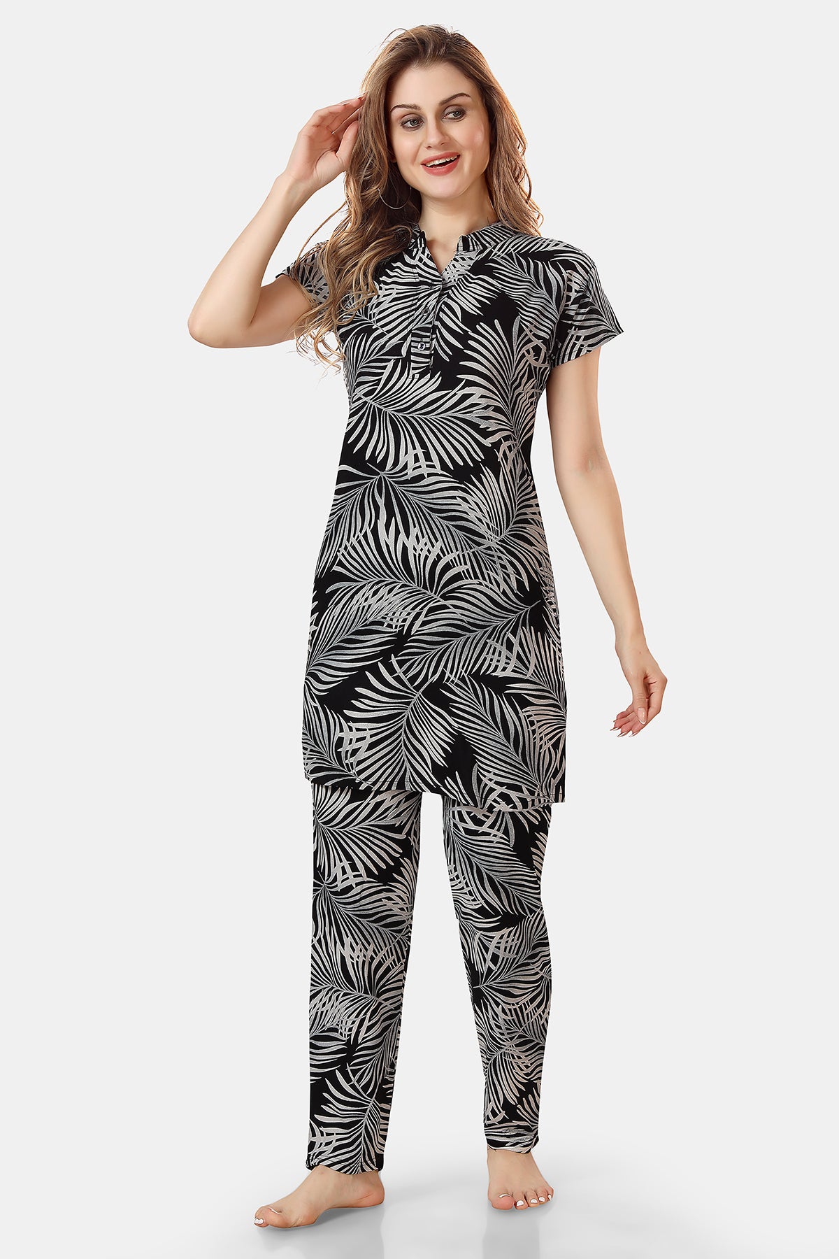 Leaf Print Rayon Kurta with Pyjama Co-ord Night Suit for Women