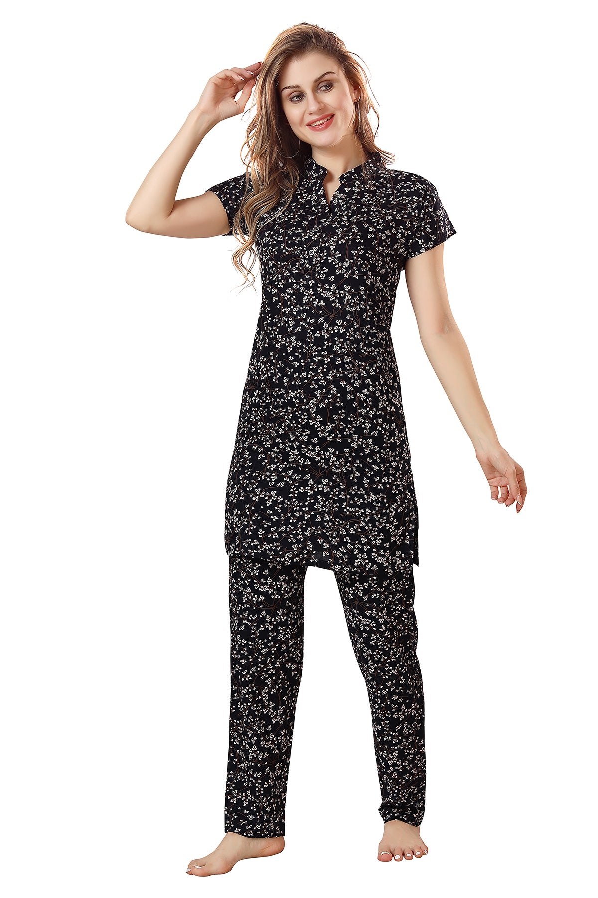 Micro Print Rayon Kurta with pyjama Co-ord Set for Women Front