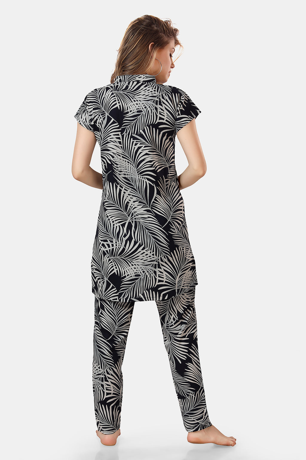 Navy Blue Leaf Print Rayon Kurta & Pyjama Co-ord Night Suit for Women