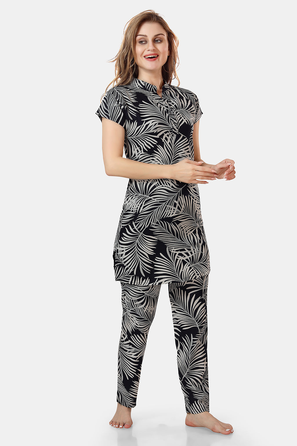 Navy Blue Leaf Print Rayon Kurta & Pyjama Co-ord Night Suit for Women