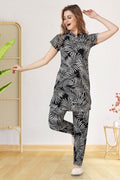 Navy Blue Leaf Print Rayon Kurta & Pyjama Co-ord Night Suit for Women