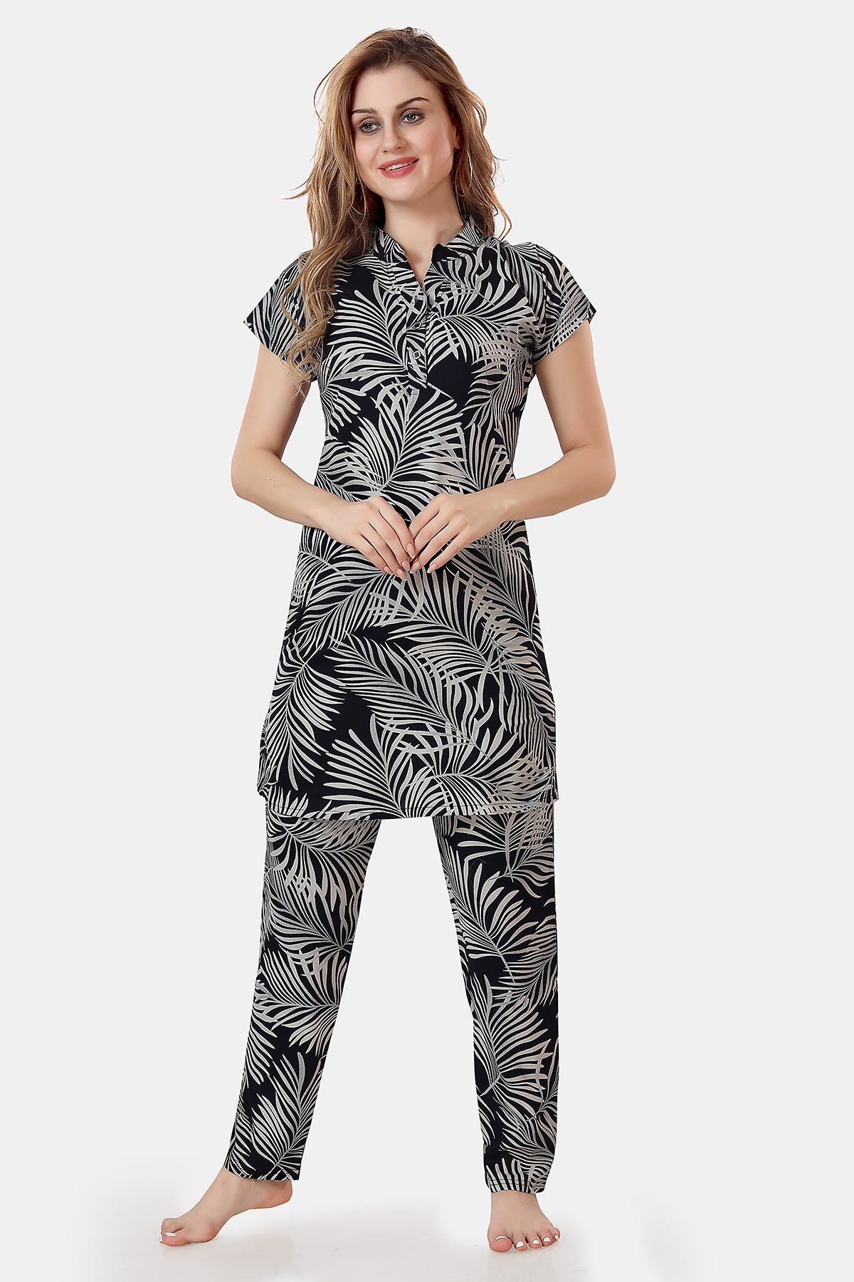 Navy Blue Leaf Print Rayon Kurta & Pyjama Co-ord Night Suit for Women