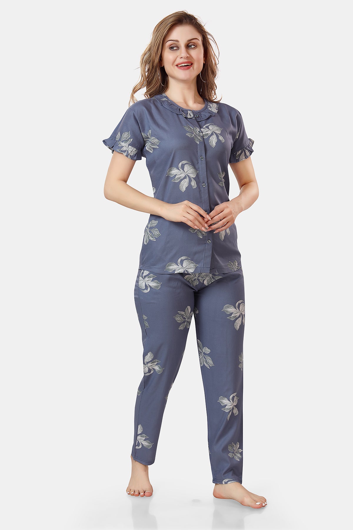 Slate Grey Floral Rayon Night Suit for Women