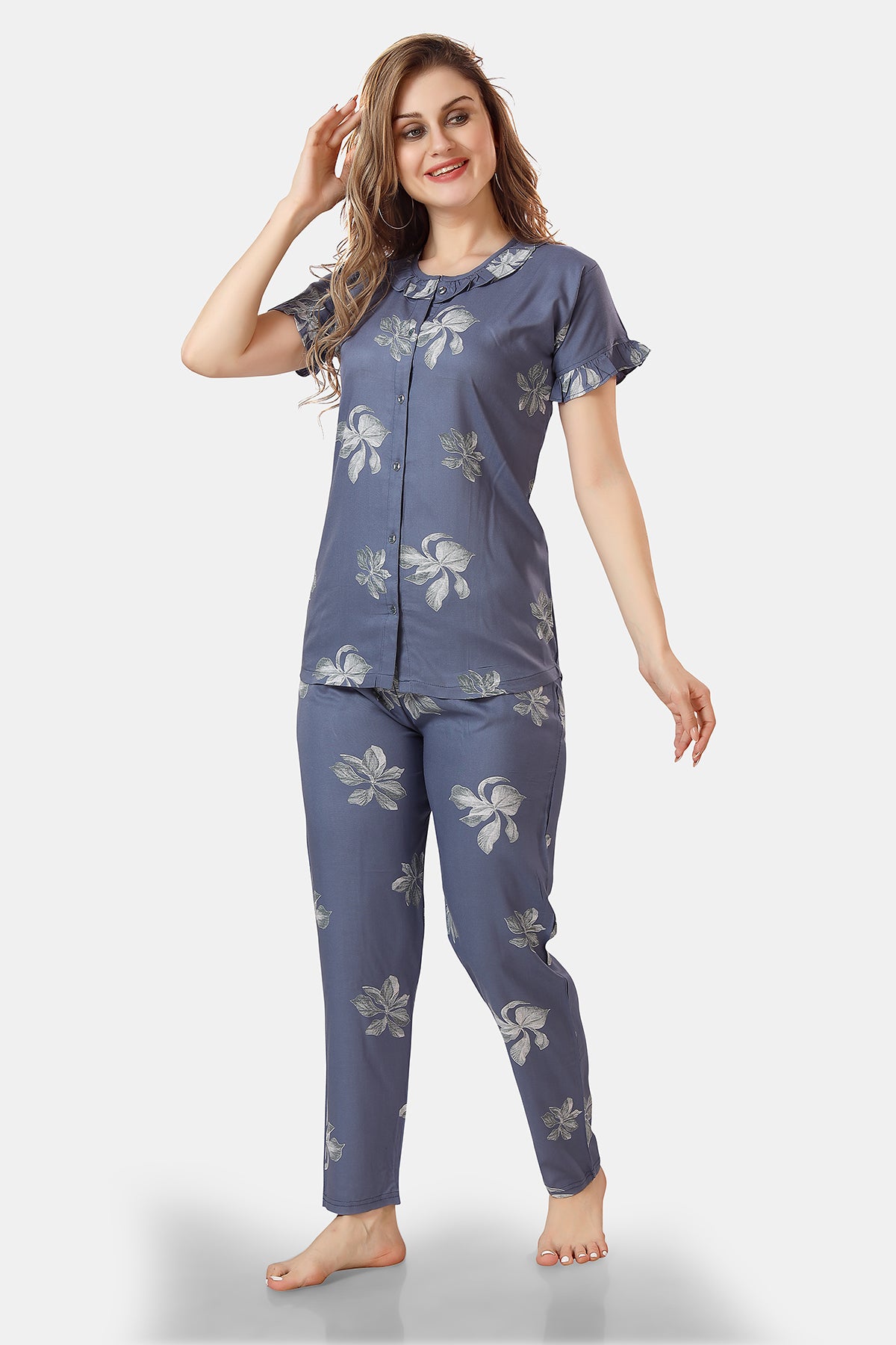 Slate Grey Floral Rayon Night Suit for Women