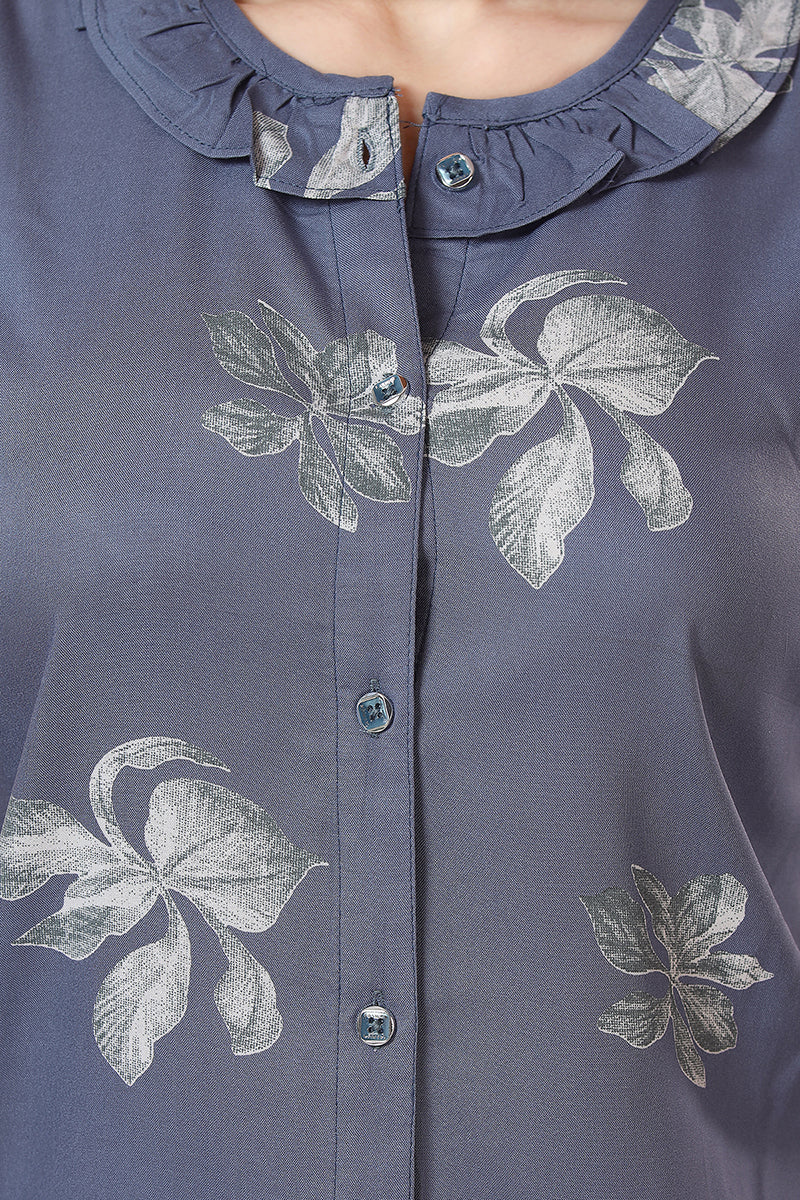 Slate Grey Floral Rayon Night Suit for Women