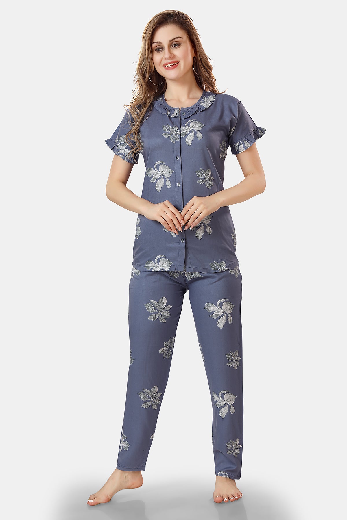 Slate Grey Floral Rayon Night Suit for Women