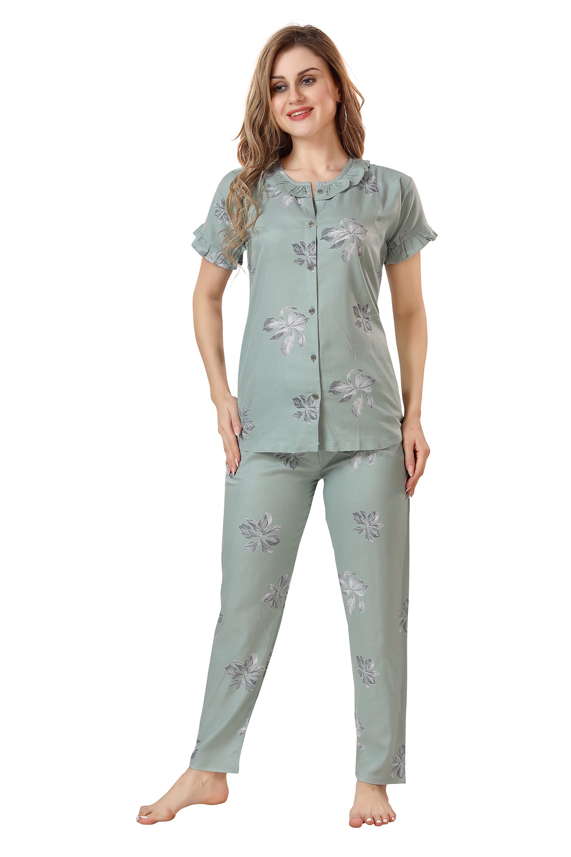 Floral Rayon Top & Pyjama Co-ord Set for Women Front
