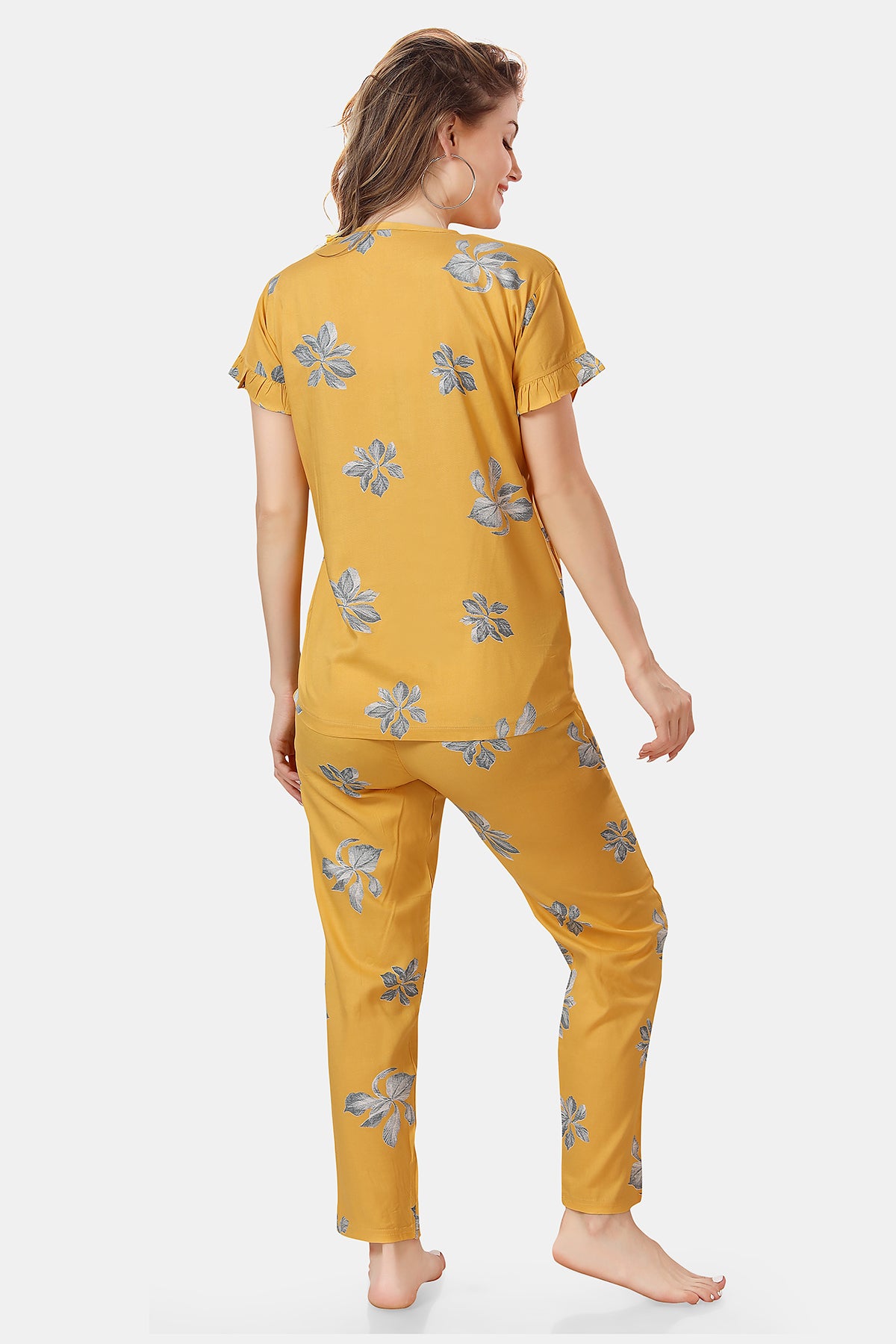 Yellow Floral Rayon Top & Pyjama Co-ord Set