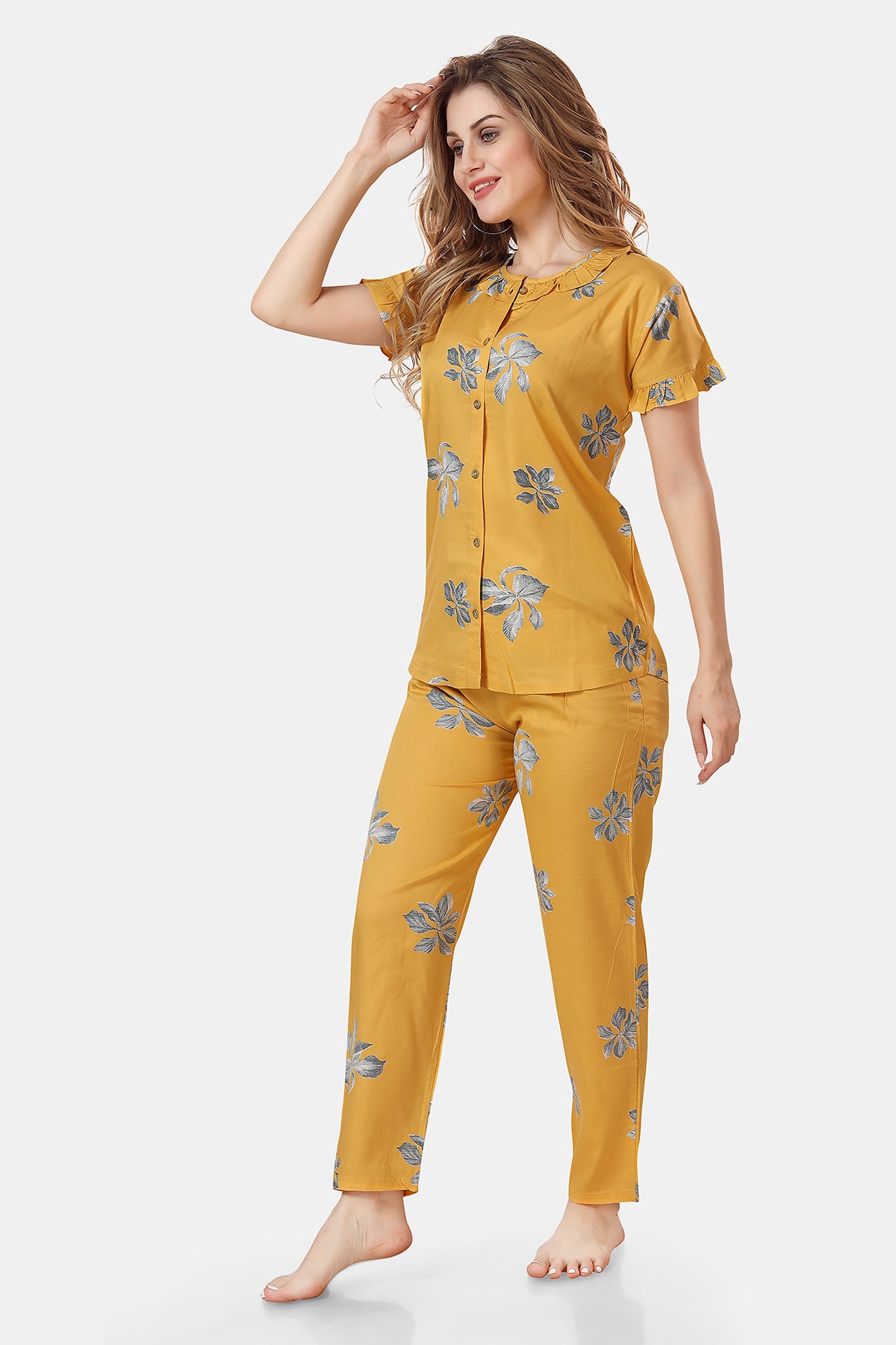 Yellow Floral Rayon Top & Pyjama Co-ord Set