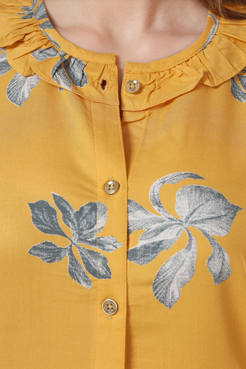 Yellow Floral Rayon Top & Pyjama Co-ord Set