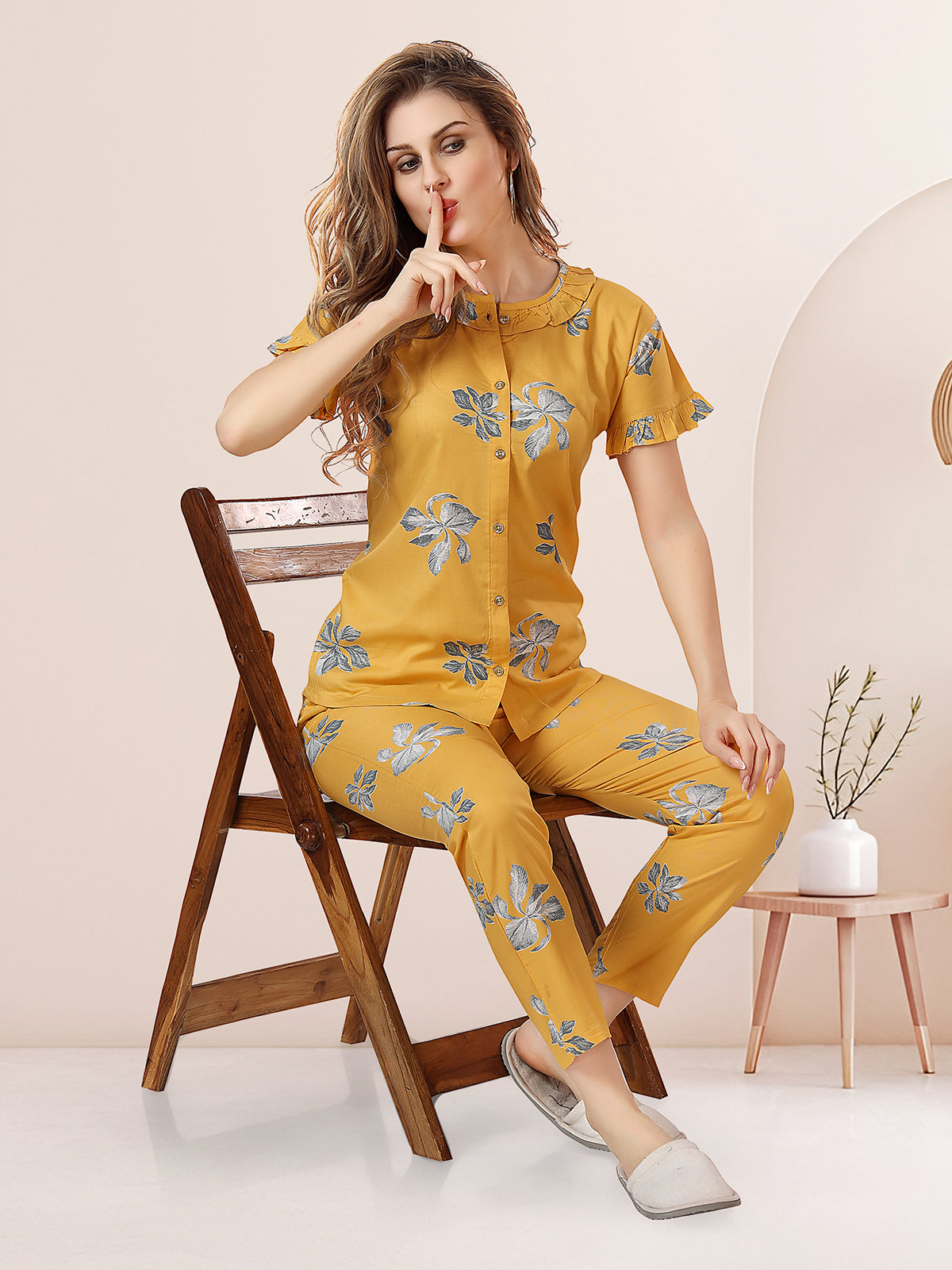 Yellow Floral Rayon Top & Pyjama Co-ord Set