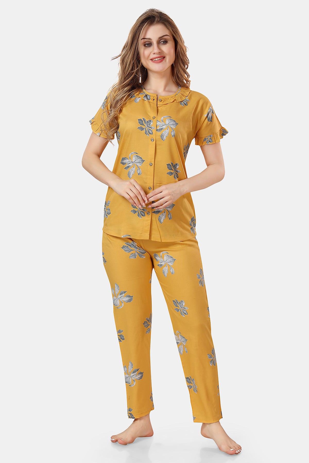 Yellow Floral Rayon Top & Pyjama Co-ord Set