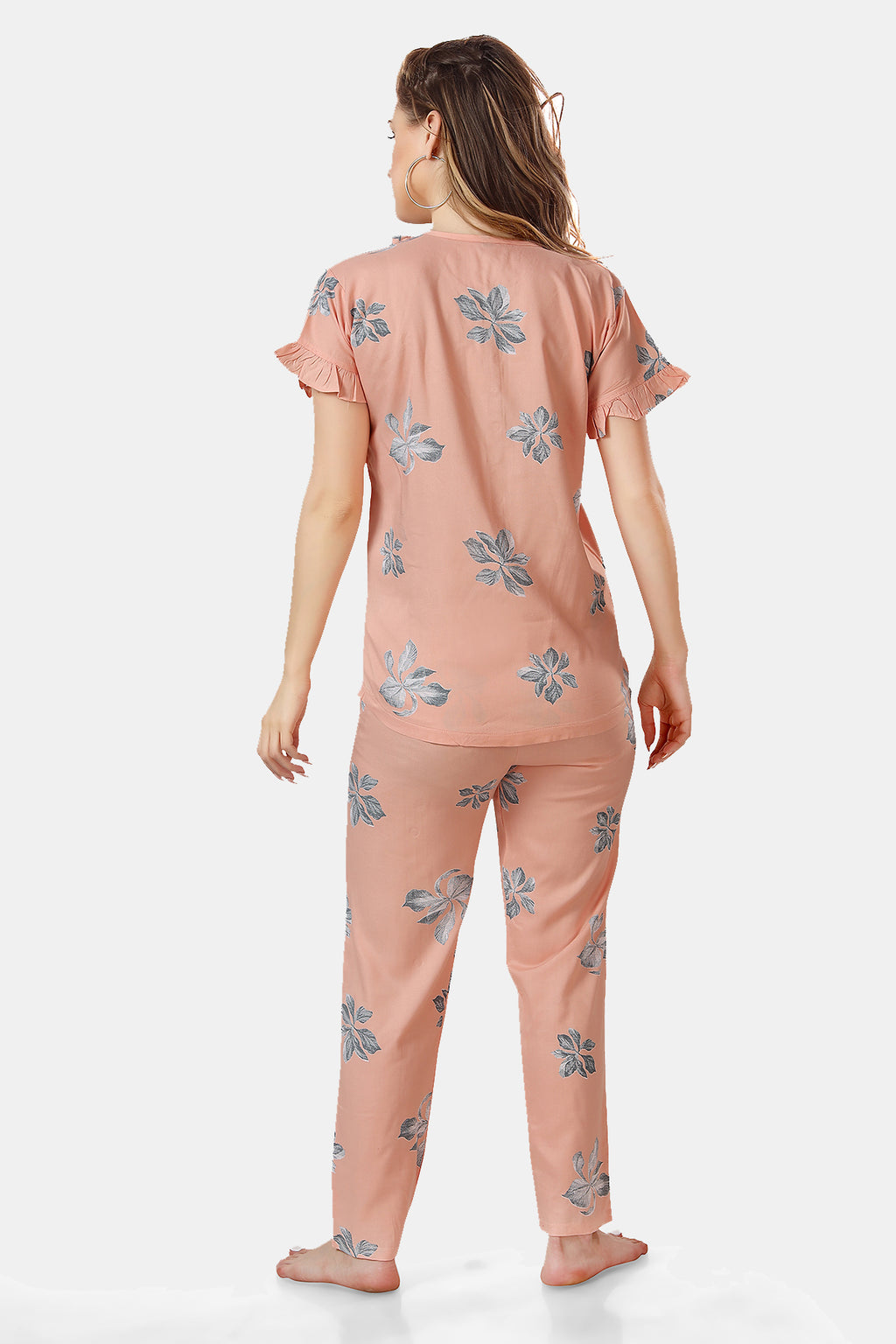 Peach Floral Rayon Top & Pyjama Set
