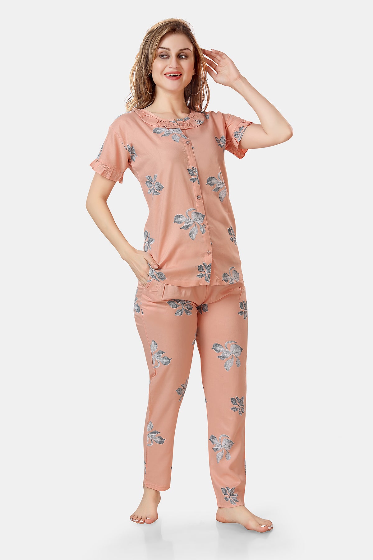 Peach Floral Rayon Top & Pyjama Set