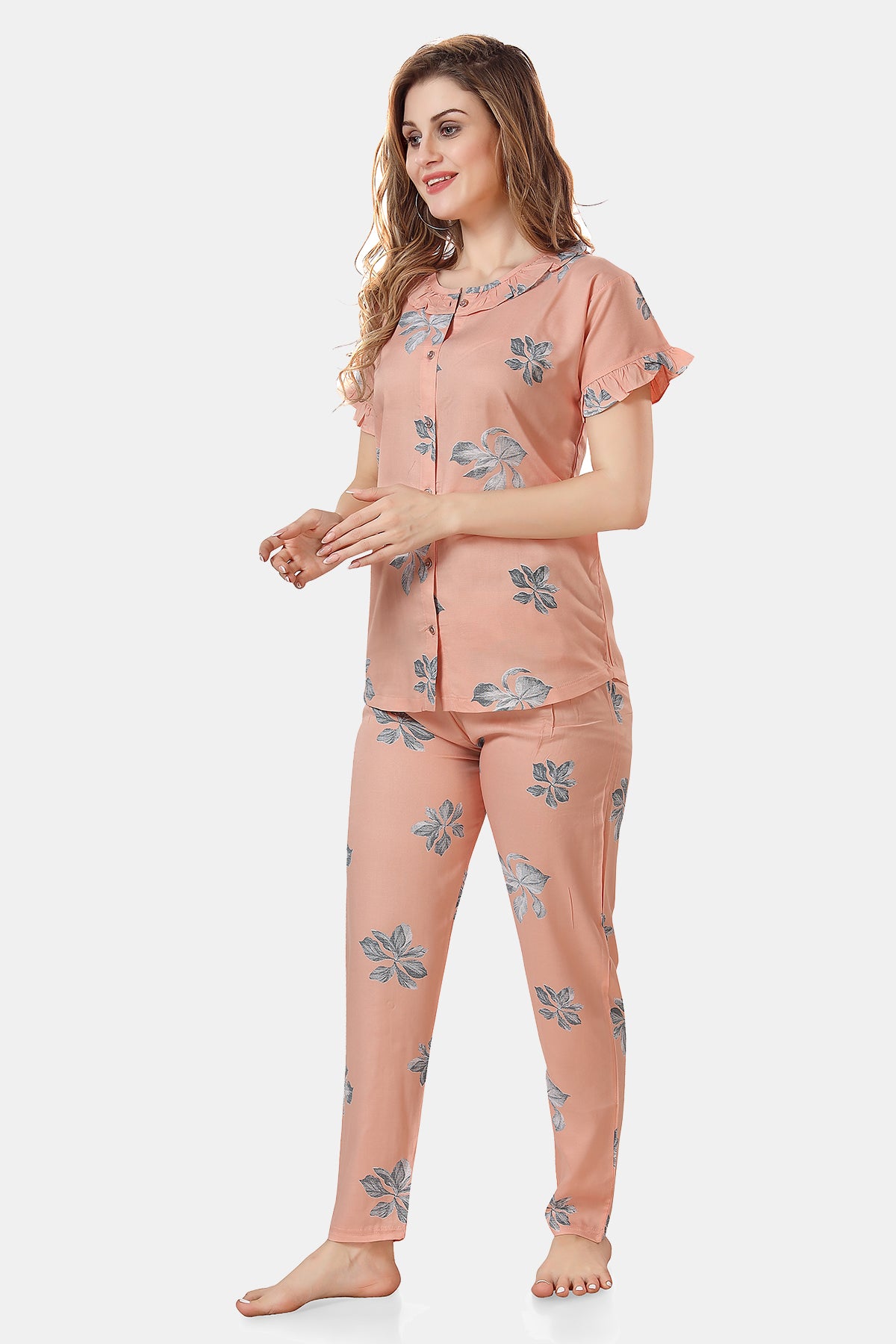 Peach Floral Rayon Top & Pyjama Set