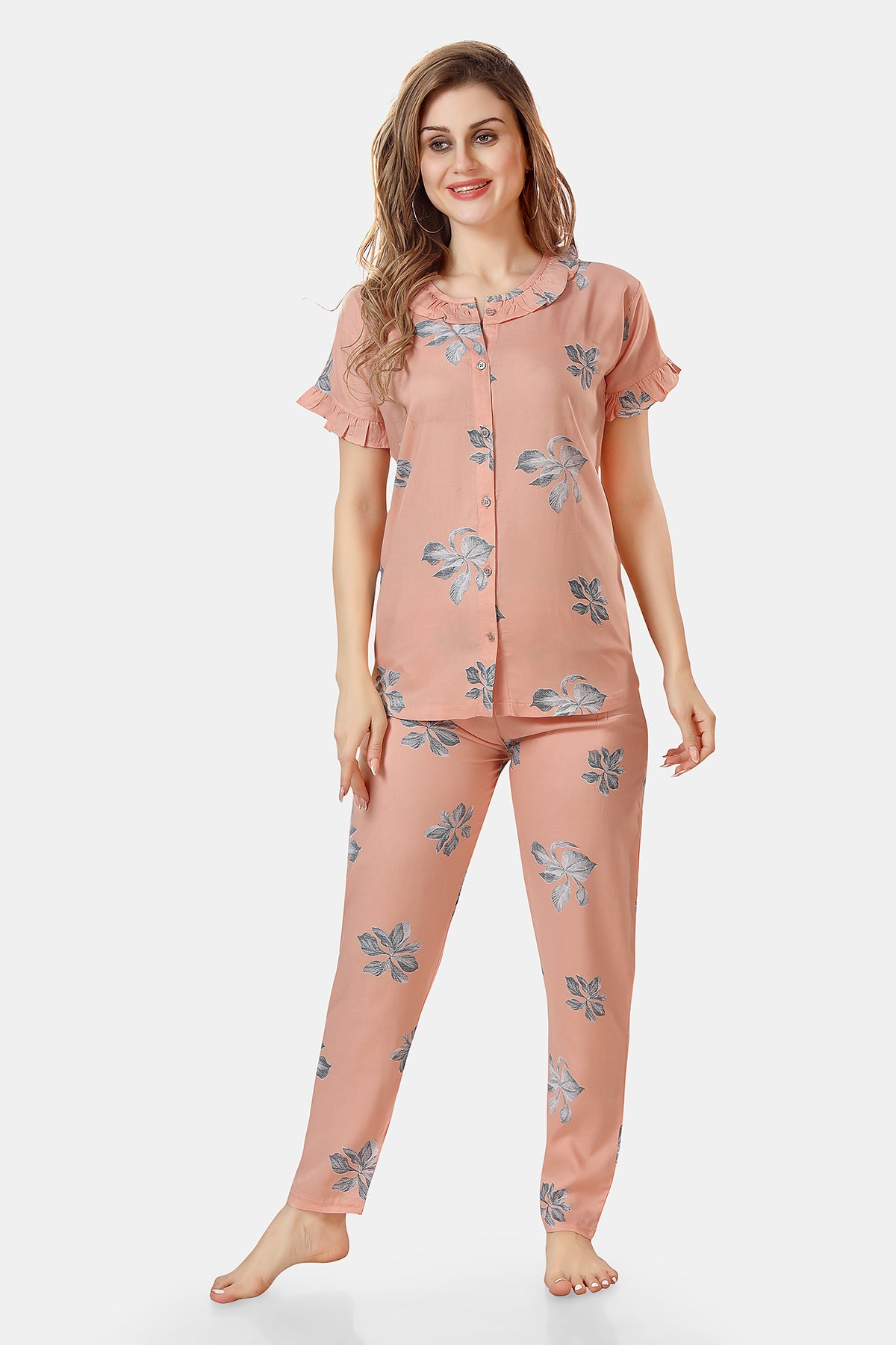 Peach Floral Rayon Top & Pyjama Set