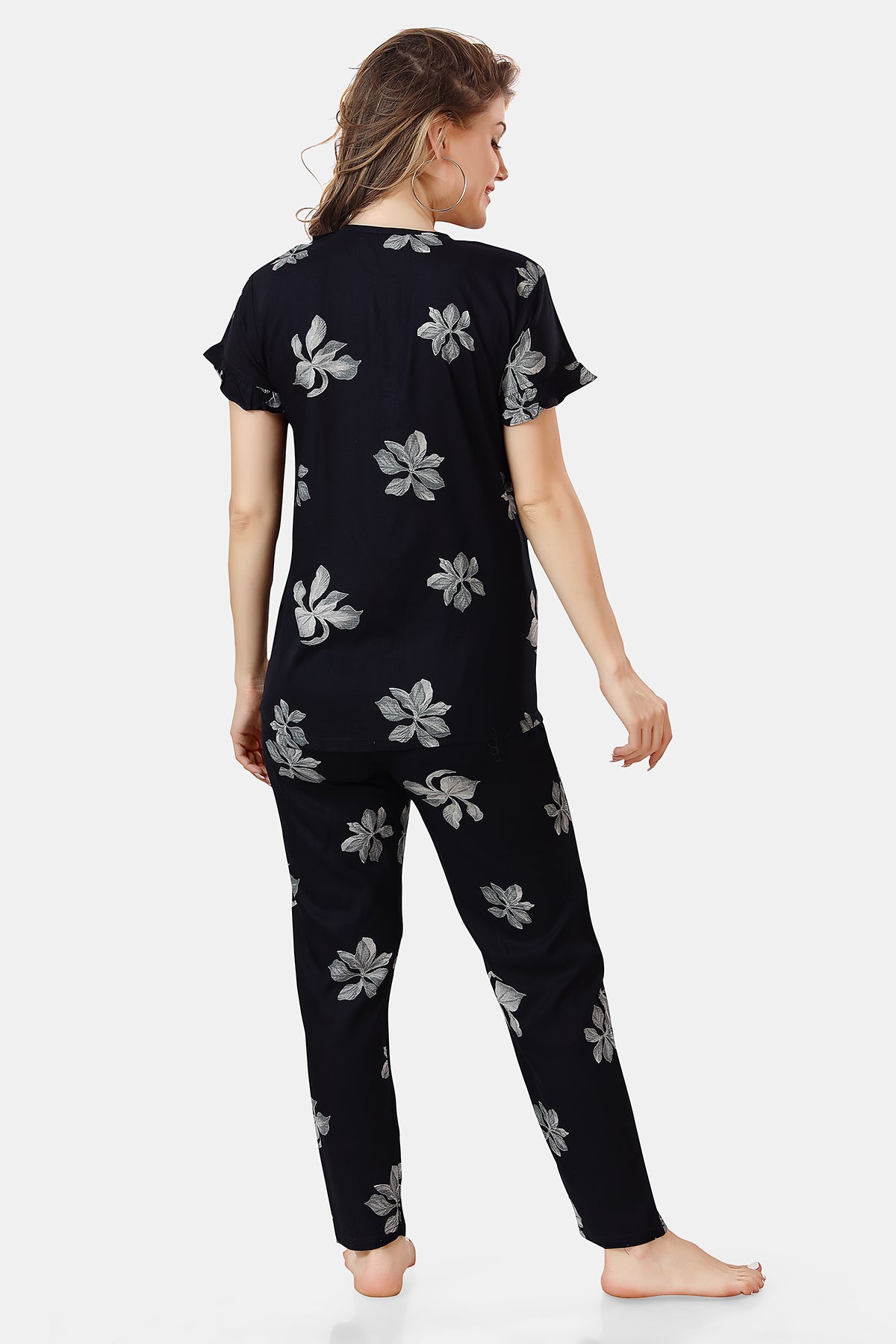 Navy Blue Floral Rayon Night Suit Set