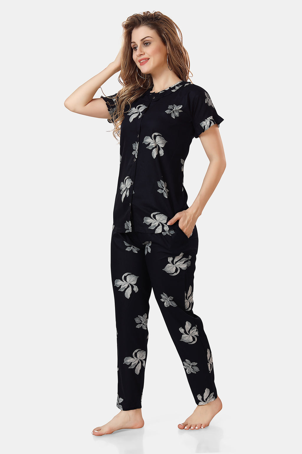 Navy Blue Floral Rayon Night Suit Set