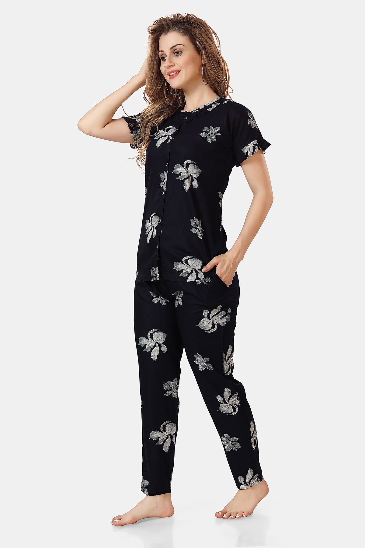 Navy Blue Floral Rayon Night Suit Set