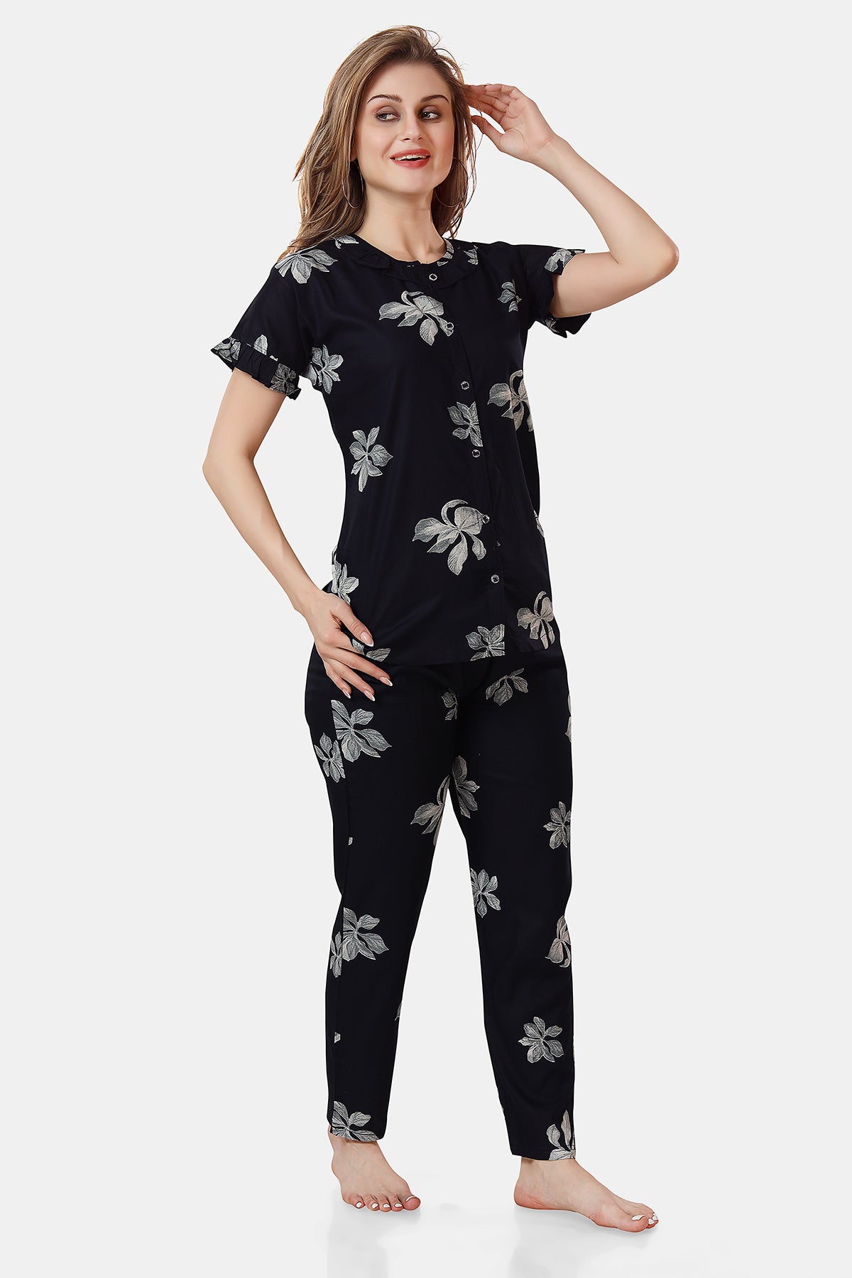 Navy Blue Floral Rayon Night Suit Set