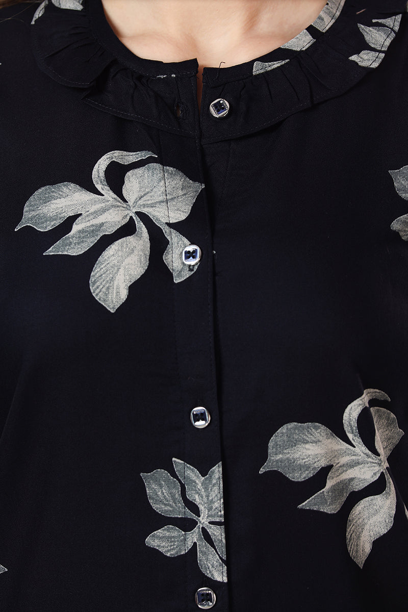 Navy Blue Floral Rayon Night Suit Set