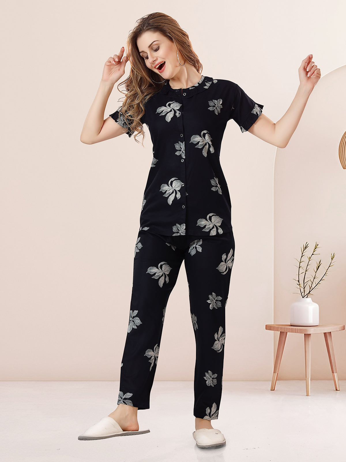 Navy Blue Floral Rayon Night Suit Set