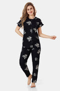 Navy Blue Floral Rayon Night Suit Set