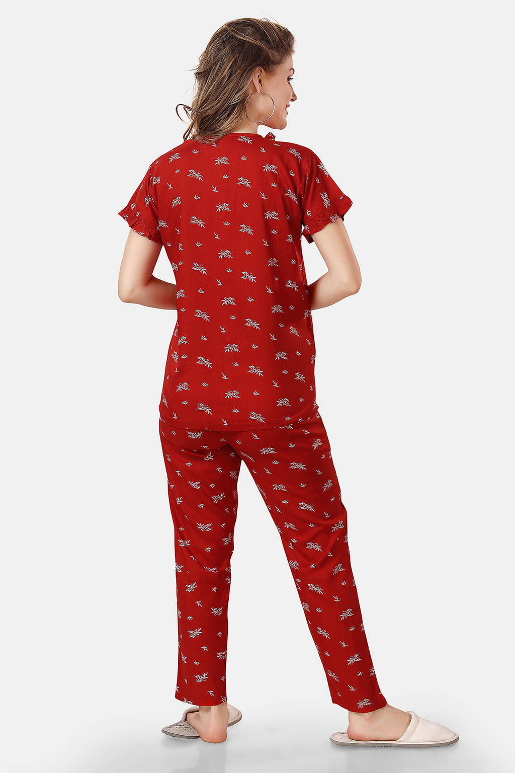 Red Printed Rayon Top & Pyjama Co-ord Set for Women Back