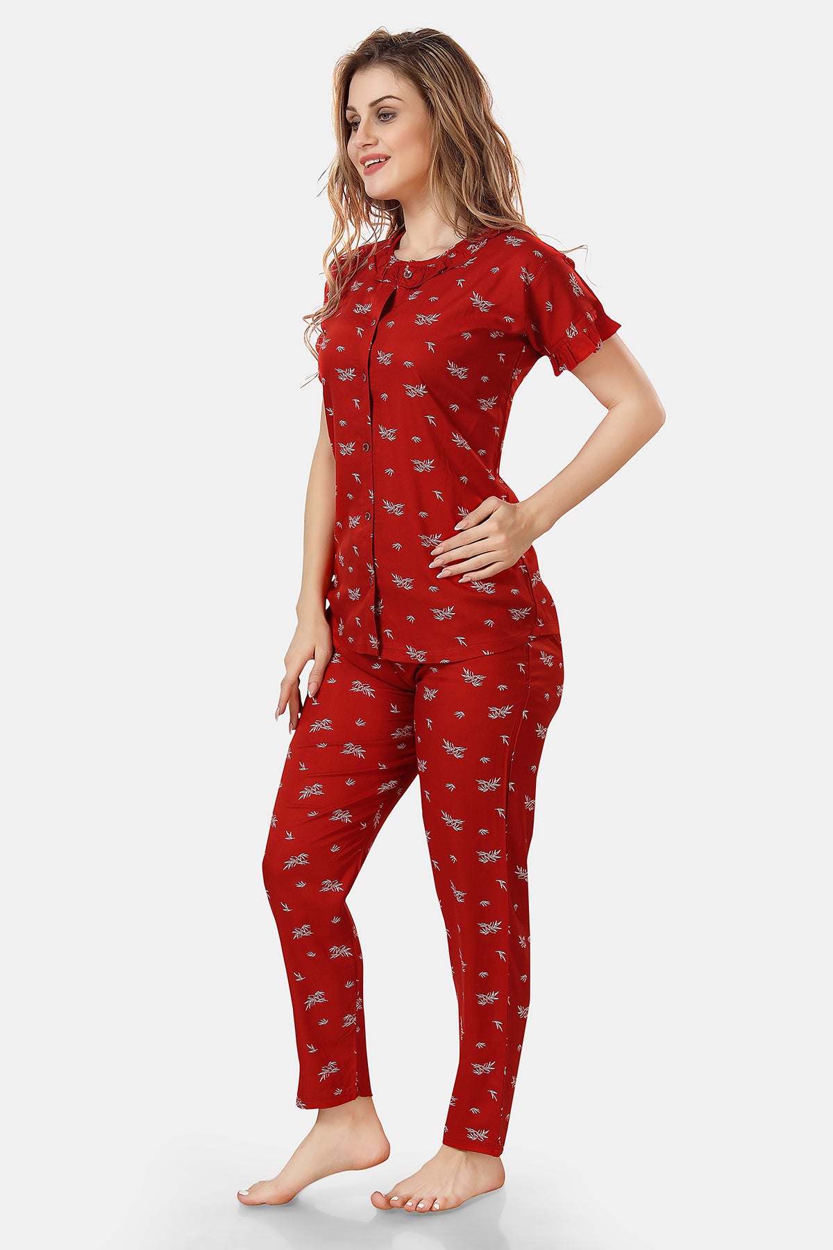 Red Printed Rayon Top & Pyjama Co-ord Set for Women Side