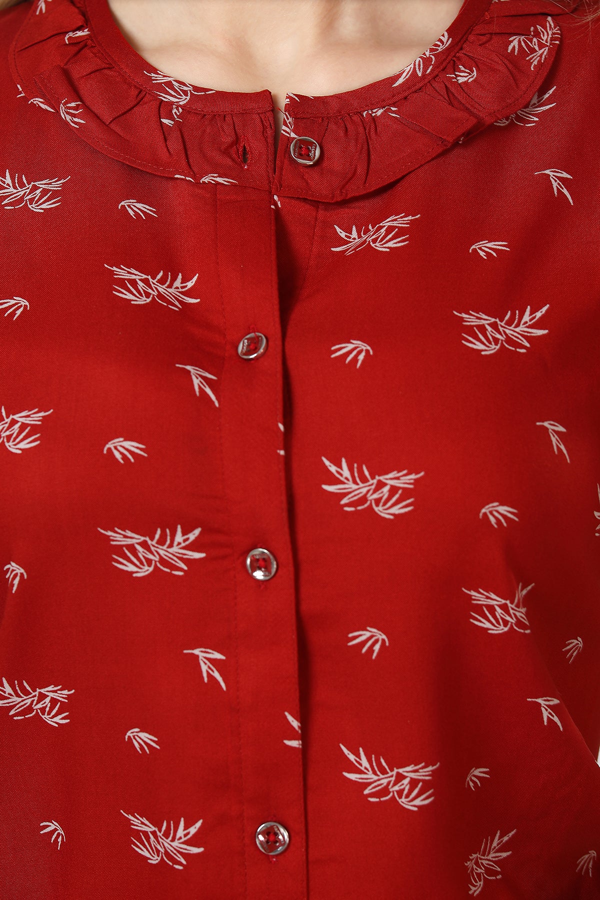 Red Printed Rayon Top & Pyjama Co-ord Set for Women Close view