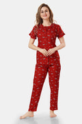 Red Printed Rayon Top & Pyjama Co-ord Set for Women 