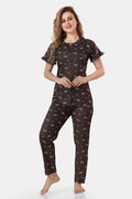Printed Rayon Top & Pyjama Co-ord Set for Women, Brown