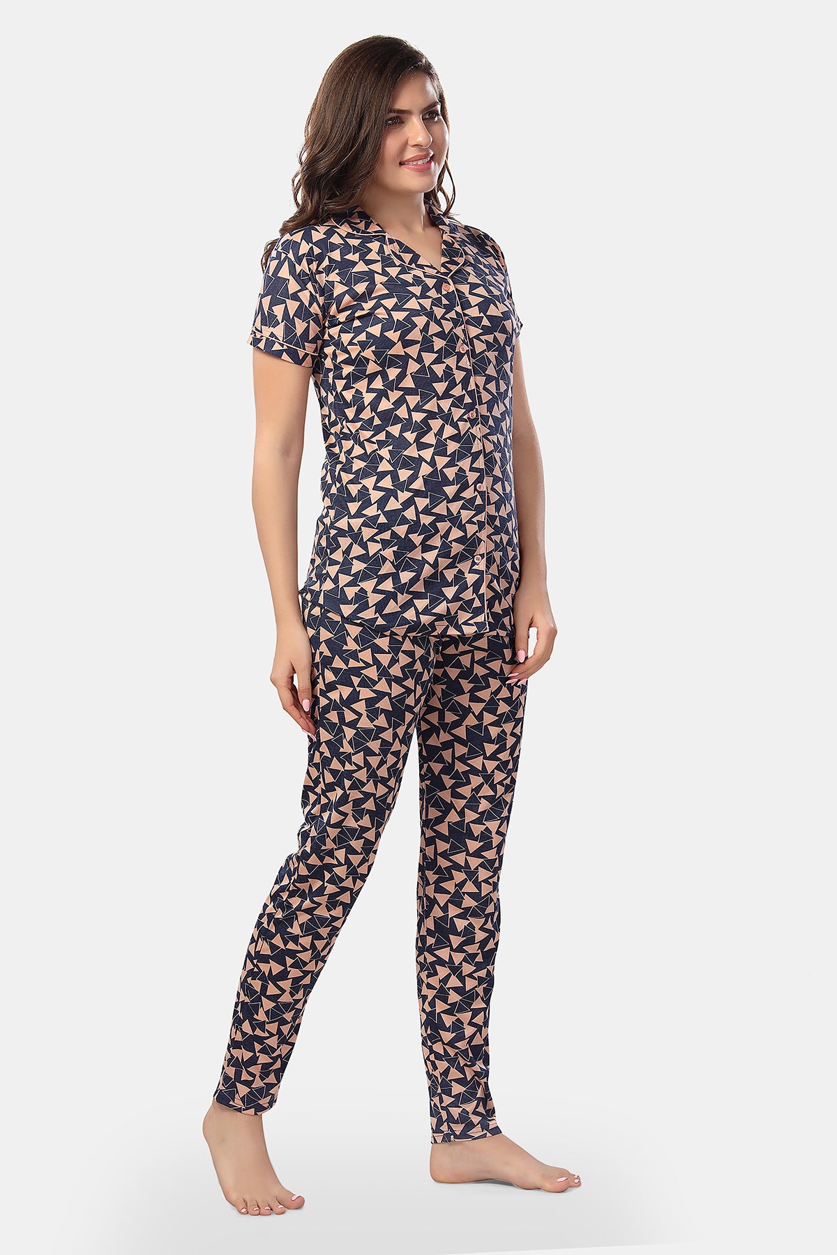 Women’s Peach Cotton Geometric Printed Nightwear Set