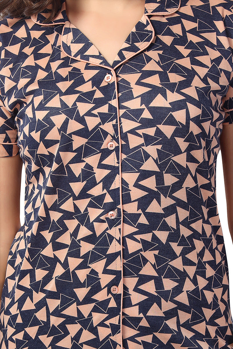 Women’s Peach Cotton Geometric Printed Nightwear Set