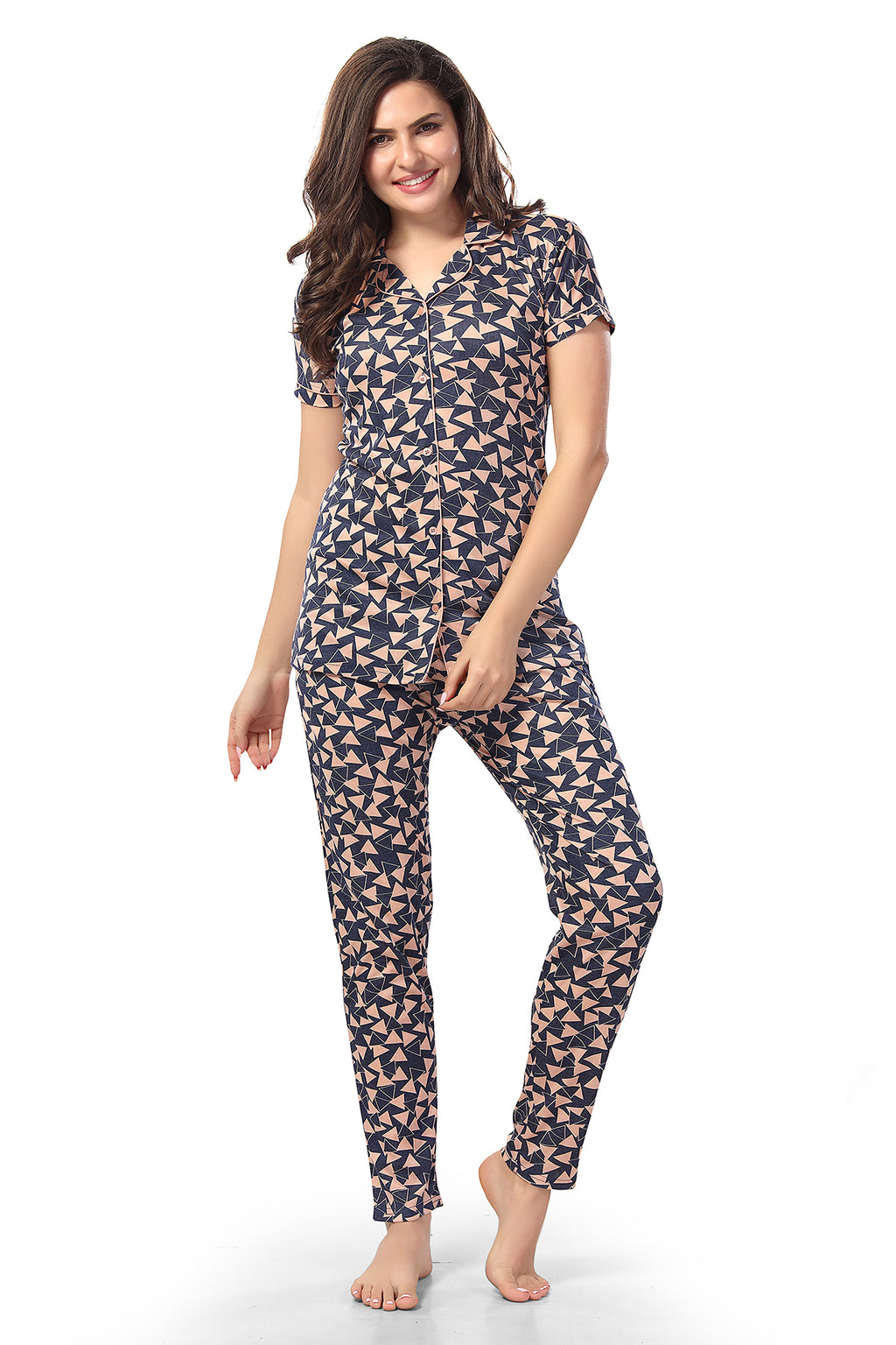 Women’s Peach Cotton Geometric Printed Nightwear Set