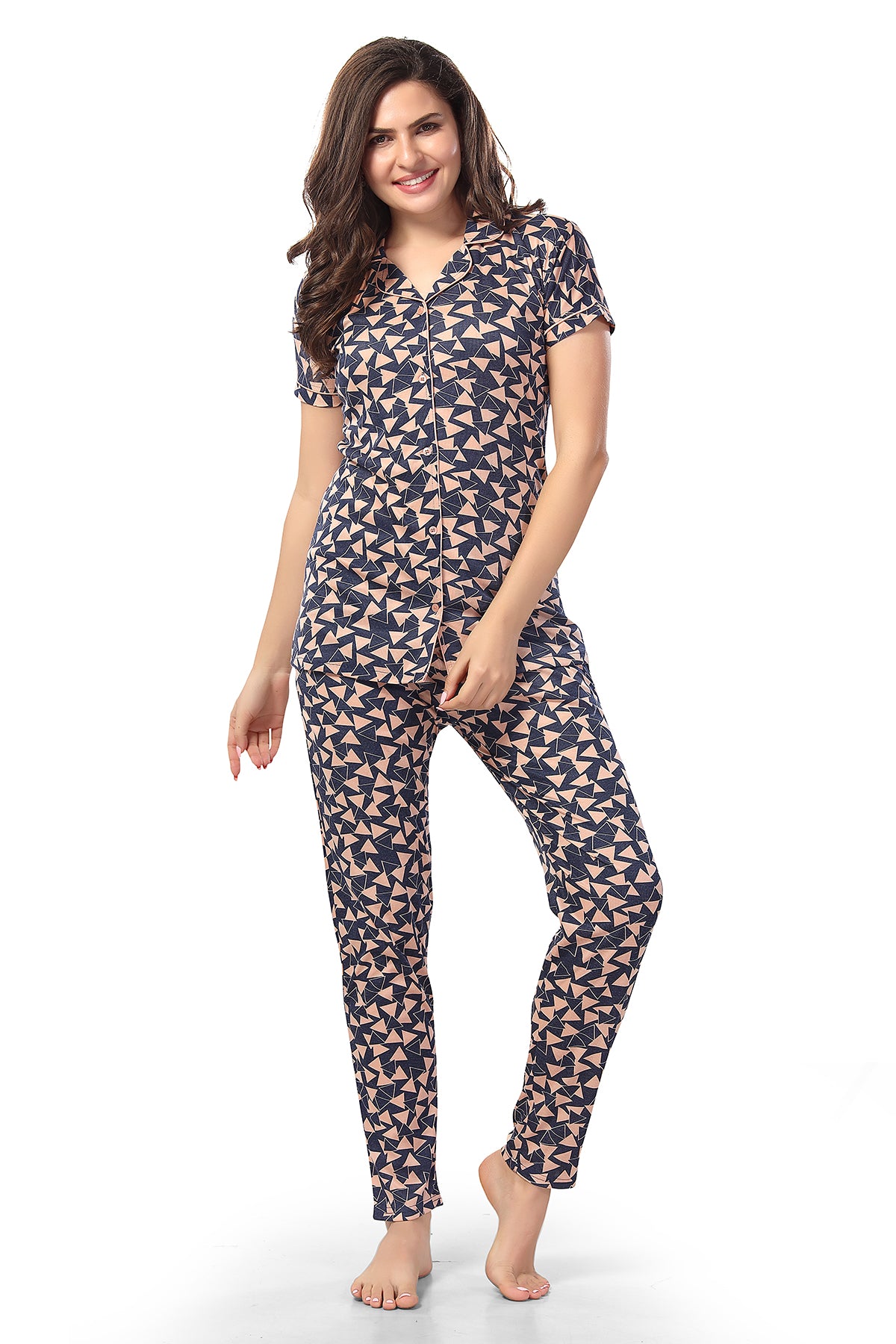 Women’s Peach Cotton Geometric Printed Nightwear Set