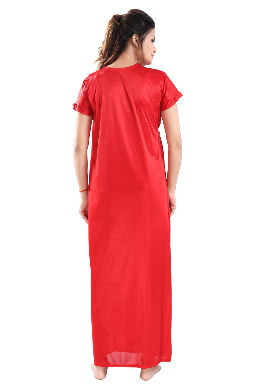 Red Satin Solid Short Sleeve Nighty & Robe Set for Women